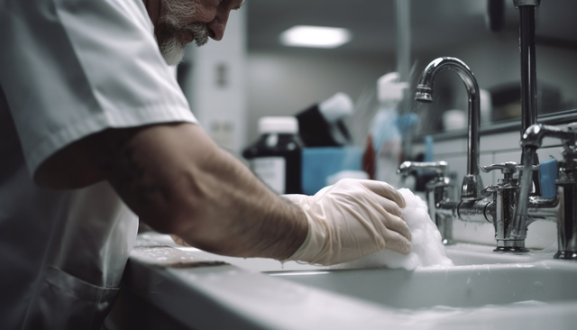 Saubere und frische Küchenspüle, Mann wäscht Hände für Hygiene